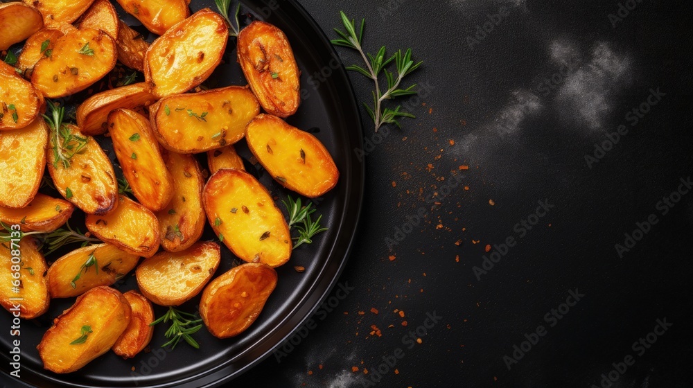 Poster Potato wedges cooked in frying pan on dark stone background with space for text