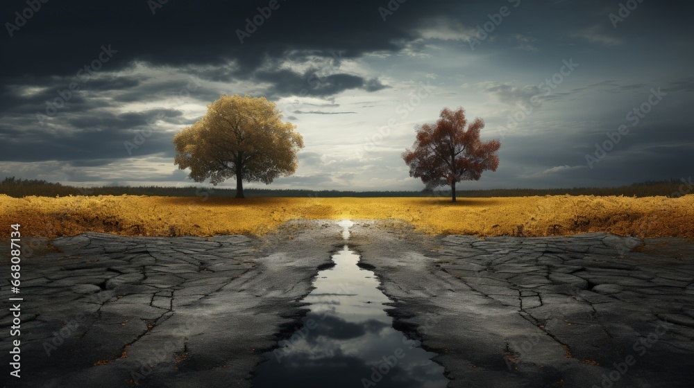 Poster Road made of asphalt surrounded by trees and fields