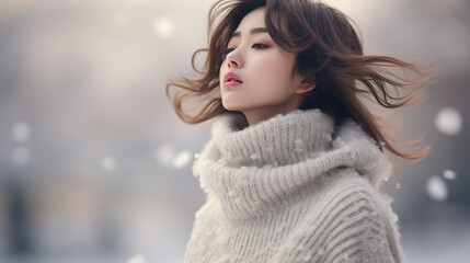Close-up beautiful asian woman wearing winter sweater