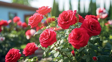 Wandcirkels plexiglas Summer decorations and gardening with a stunning red rose bush in a countryside home garden © vxnaghiyev
