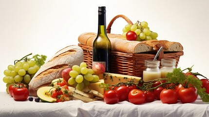 Yummy summer picnic spread with bread fruit cheese and tomatoes in a hamper on a white background