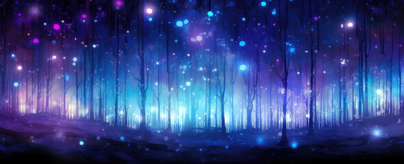 Dreamy purple glowing magic forest background. 