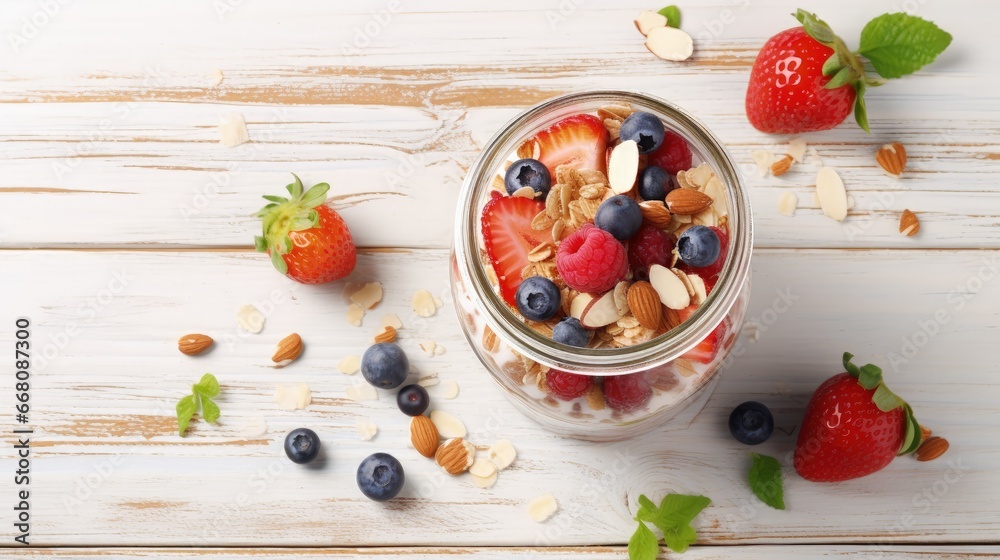 Poster Preparing a healthy breakfast Muesli with fresh berries seeds and nuts in a jar on a light wooden background top view text space available