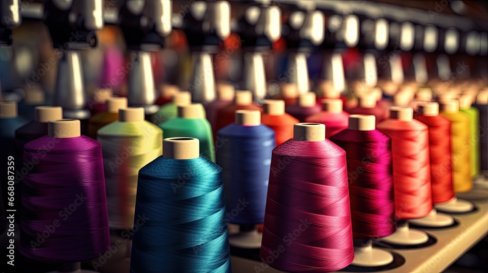 Leinwandbilder textile factory with spinning and embroidery machines creating colorful threads and fabrics