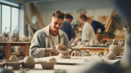 Young man creating ceramics in art class