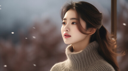 Close-up beautiful asian woman wearing winter sweater