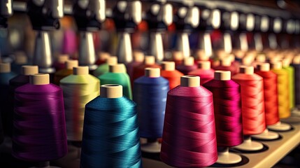 Textile factory with spinning and embroidery machines creating colorful threads and fabrics