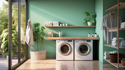 Tropical themed laundry room with green shelves washing machines sink hangers panoramic window stool and hardwood floor