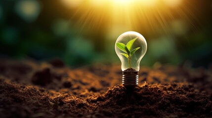 Sunset illuminates soil with small tree and solar powered lightbulb representing clean energy