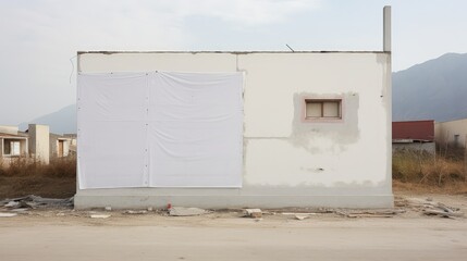 White information banner on wall of unfinished construction site outside