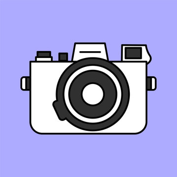 Cute retro camera drawn in flat style isolated on lilac background, photography, cartoon illustration.