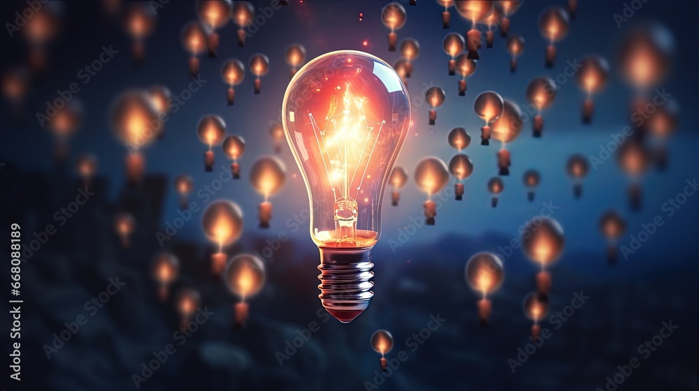 Poster rocket lightbulb and group of lightbulbs symbolize ideas inspiration and concepts they drive the cre