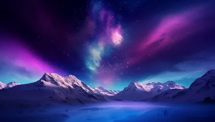Photo sur Plexiglas Europe du nord Purple Aurora borealis  above snowy mountains. Night sky with polar lights. Night winter landscape
