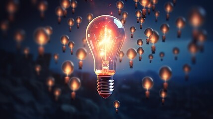 Rocket lightbulb and group of lightbulbs symbolize ideas inspiration and concepts They drive the creativity of humans towards business success or achieving goals
