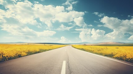 Vintage toned Instagram filtered picture of a deserted road and yellow flowery field