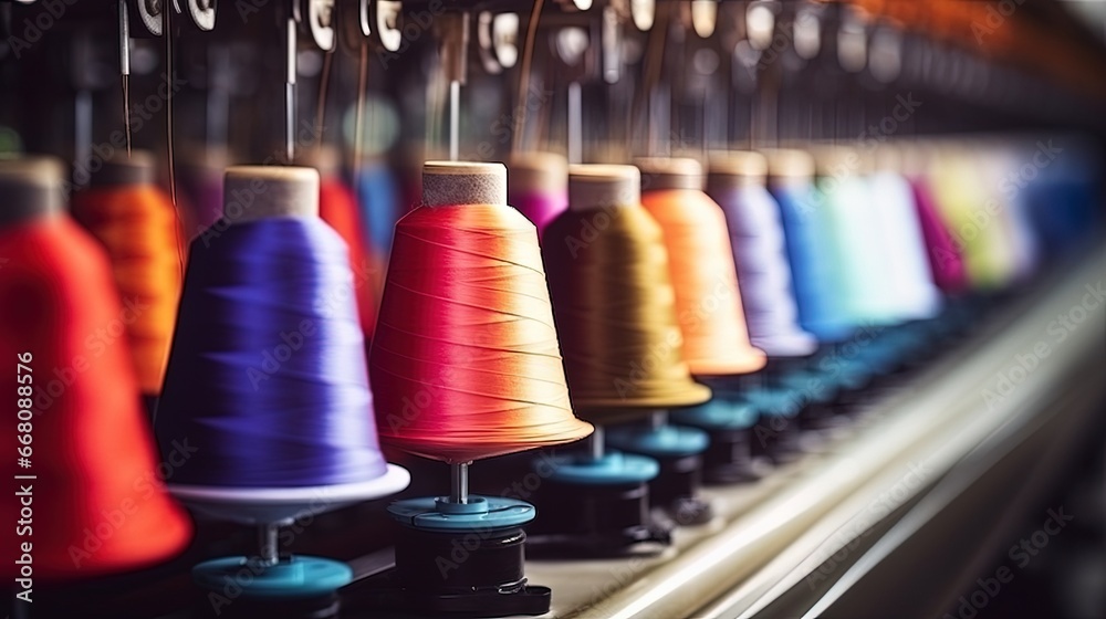 Poster Textile factory with spinning and embroidery machines creating colorful threads and fabrics