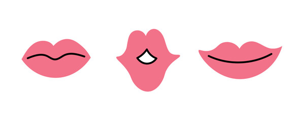 Modern pink lips set. Mouth vector illustration. Kiss smile serious emotions. 