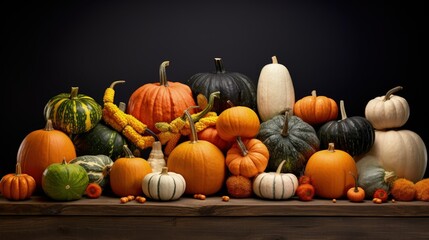 Varieties of heirloom squashes and pumpkins in a horizontal photo