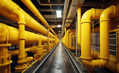 Obraz premium Empty industrial corridor, where a vibrant yellow pipeline. 