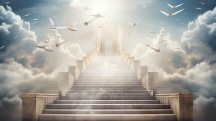 Stairs of clouds going up to the sky with light in the background and cross with white doves flying around - obrazy, fototapety, plakaty