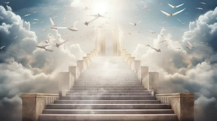 Fototapeten Stairs of clouds going up to the sky with light in the background and cross with white doves flying around © vxnaghiyev