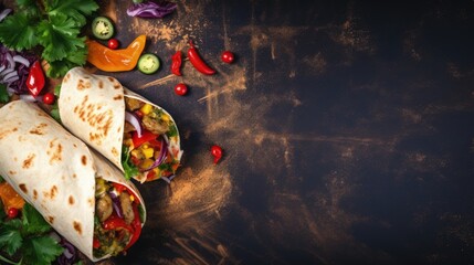 Vegetable filled tacos and wraps on a rustic healthy food background