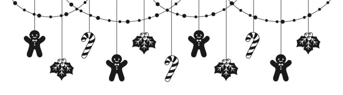 Merry Christmas Border Banner Silhouette, Hanging Gingerbread Cookies Garland. Winter Holiday Season Header Decoration. Web banner template. Vector illustration.