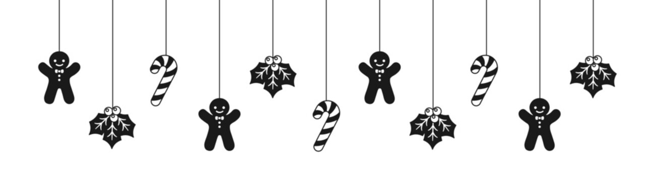 Merry Christmas Border Banner Silhouette, Hanging Gingerbread Cookies Garland. Winter Holiday Season Header Decoration. Web banner template. Vector illustration.