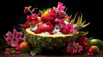 Obraz na płótnie Canvas Serving exotic fruit salad in a dragon fruit half on palm leaves with tropical flowers