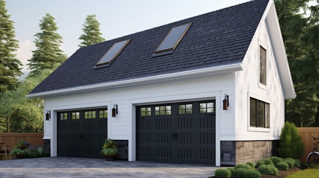 White double garage with a pitched roof and black retractable metal door