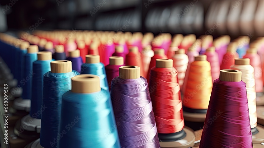 Poster Textile factory with spinning and embroidery machines creating colorful threads and fabrics