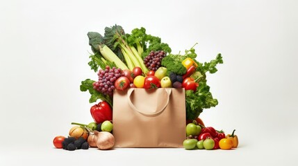 White background with various fruits and vegetables in a kraft paper bag