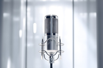 Studiomikrofon vor unscharfem Hintergrund, Podcast und Radioproduktion, erstellt mit generativer KI