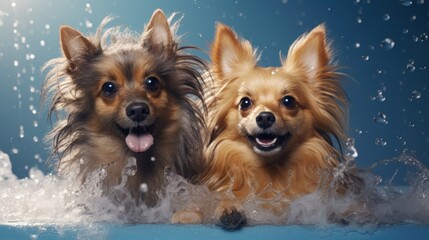 Pomeranian and yorkshire terrier in a foamy wash