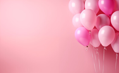Pink balloons bunch on a pink wall background with copy space.