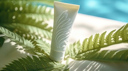 Studio photo shoot with sea wood shells and fern shadows featuring sunscreen cream in a white plastic tube that provides protection against UVA and UVB rays in a sun drenched environment creati - obrazy, fototapety, plakaty