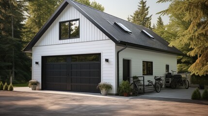 White double garage with a pitched roof and black retractable metal door - obrazy, fototapety, plakaty
