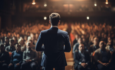Rear view of motivational speaker standing on stage in front of audience for motivation speech. - obrazy, fototapety, plakaty