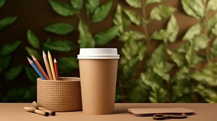Zero waste school concept with eco friendly biodegradable materials Includes paper cup pencils leaves and recycled stationery Copy space available