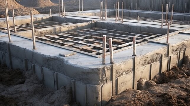 Reinforced concrete foundations and grillage for housing construction in a pit