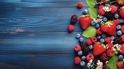 Small wild strawberries and blueberries on old blue wooden background with space