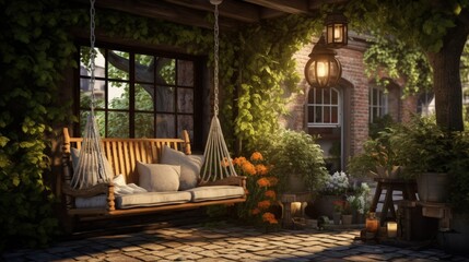 Obraz premium Wooden swing and grill on a comfy terrace