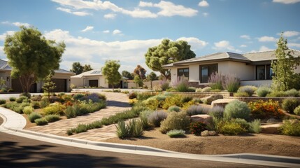 Fototapeta na wymiar Suburban home shown with xeriscape landscaping on Streetview