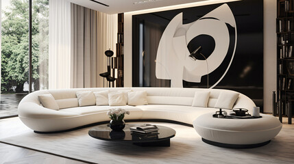 The stylish room features a contemporary circular