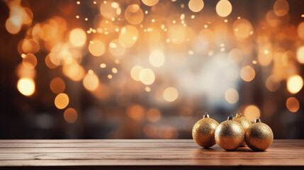 Christmas balls on wooden table in front of bokeh lights background.