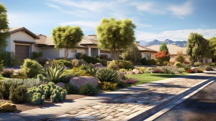 Fototapeta na wymiar Suburban home shown with xeriscape landscaping on Streetview