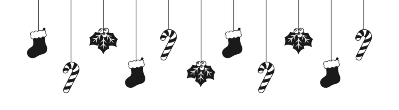 Merry Christmas Border Banner Silhouette, Hanging Stocking, Mistletoe and Candy Cane Garland. Winter Holiday Season Header. Web Banner Template. Vector illustration.
