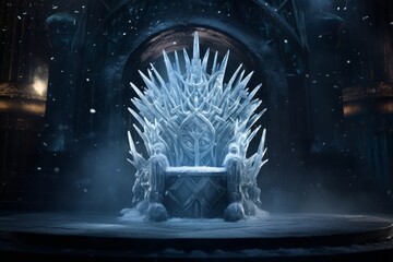 A throne made of ice with large snowflakes on the background