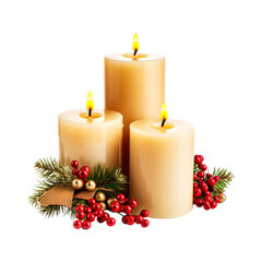 Christmas candles with decorated fir branches. Isolated on transparent background.