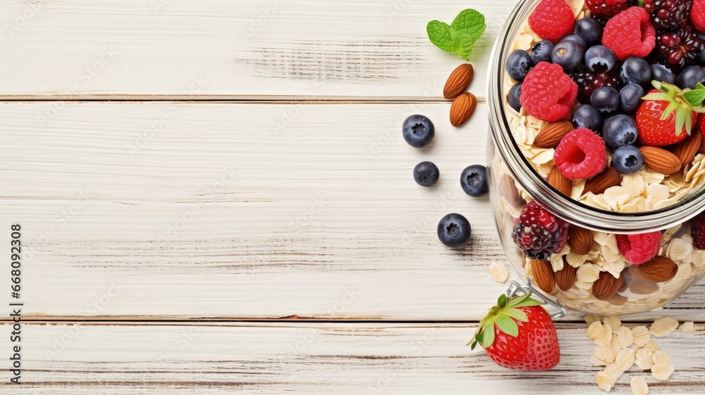 Poster Preparing a healthy breakfast Muesli with fresh berries seeds and nuts in a jar on a light wooden background top view text space available